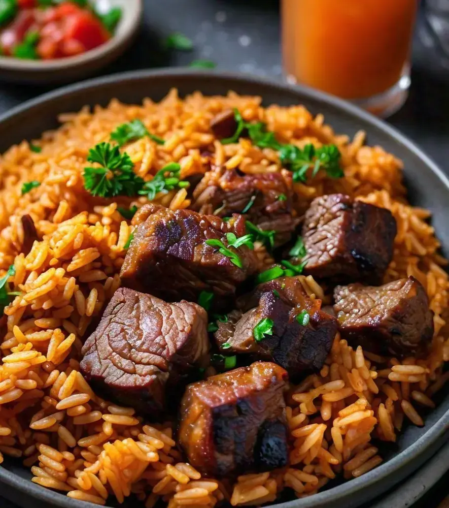 Jollof rice, beef & plantain or chips